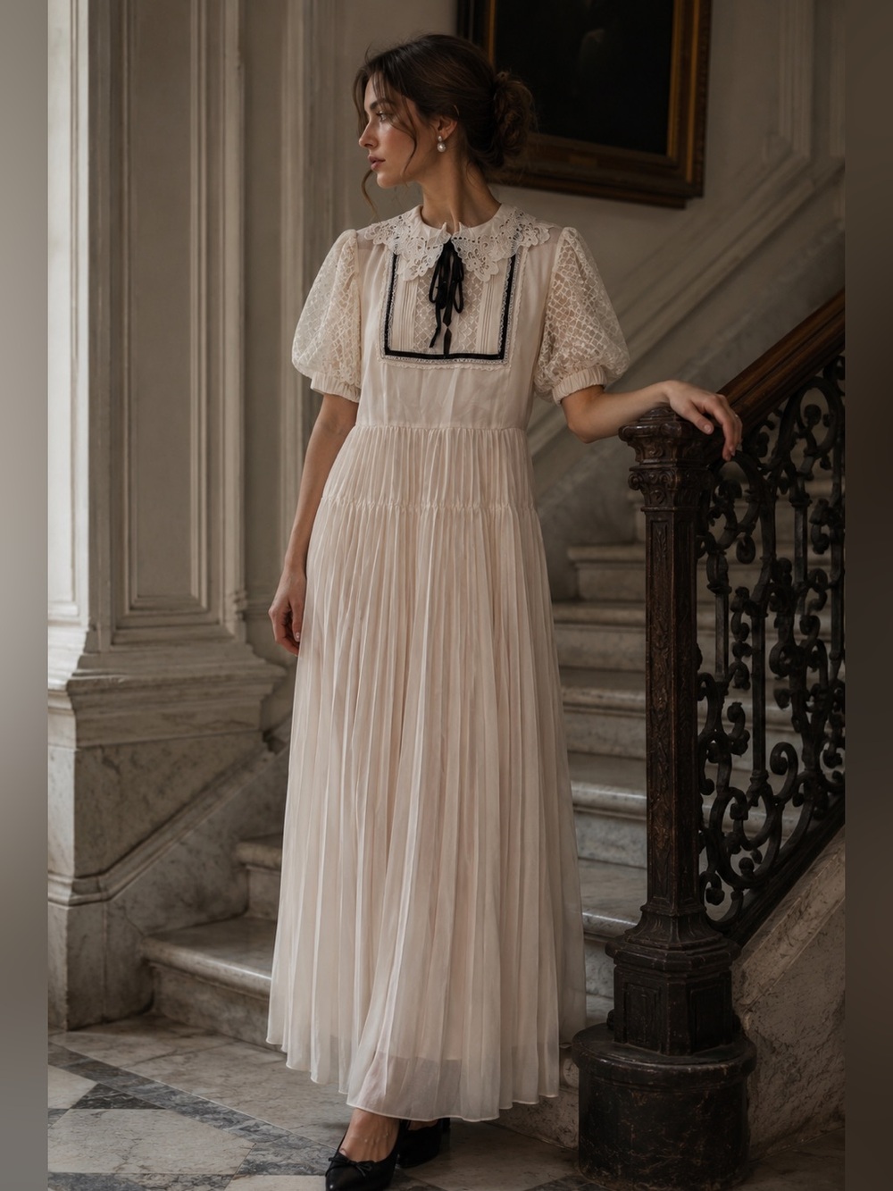 Self-Portrait Cream Maxi Dress with Black Bow Trim